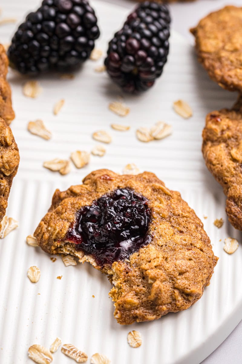 an oatmeal thumbprint cookie with a bite missing