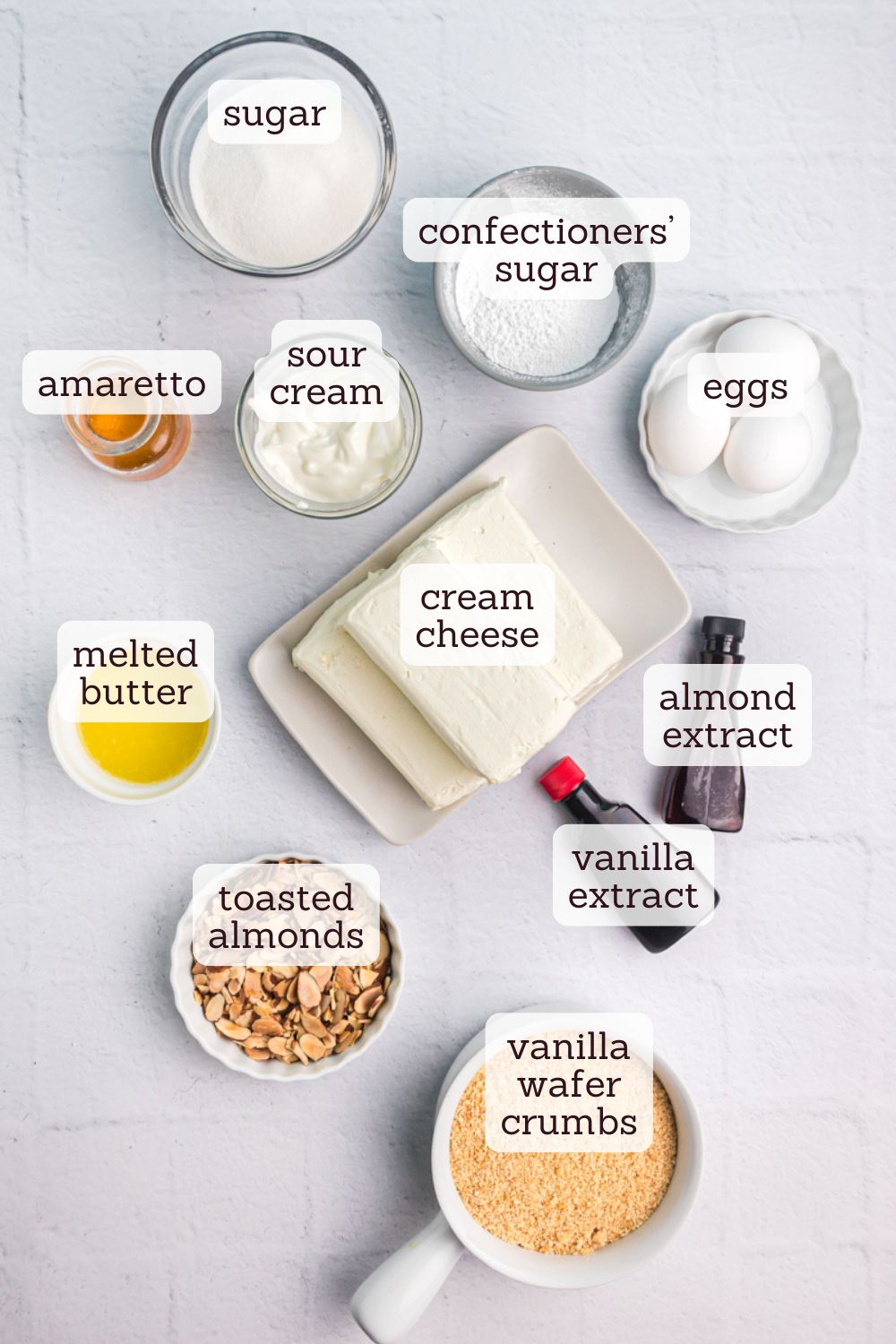 overhead view of ingredients for amaretto cheesecake