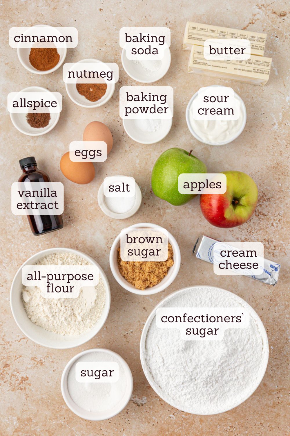 overhead view of ingredients for apple cupcakes with spiced cream cheese frosting