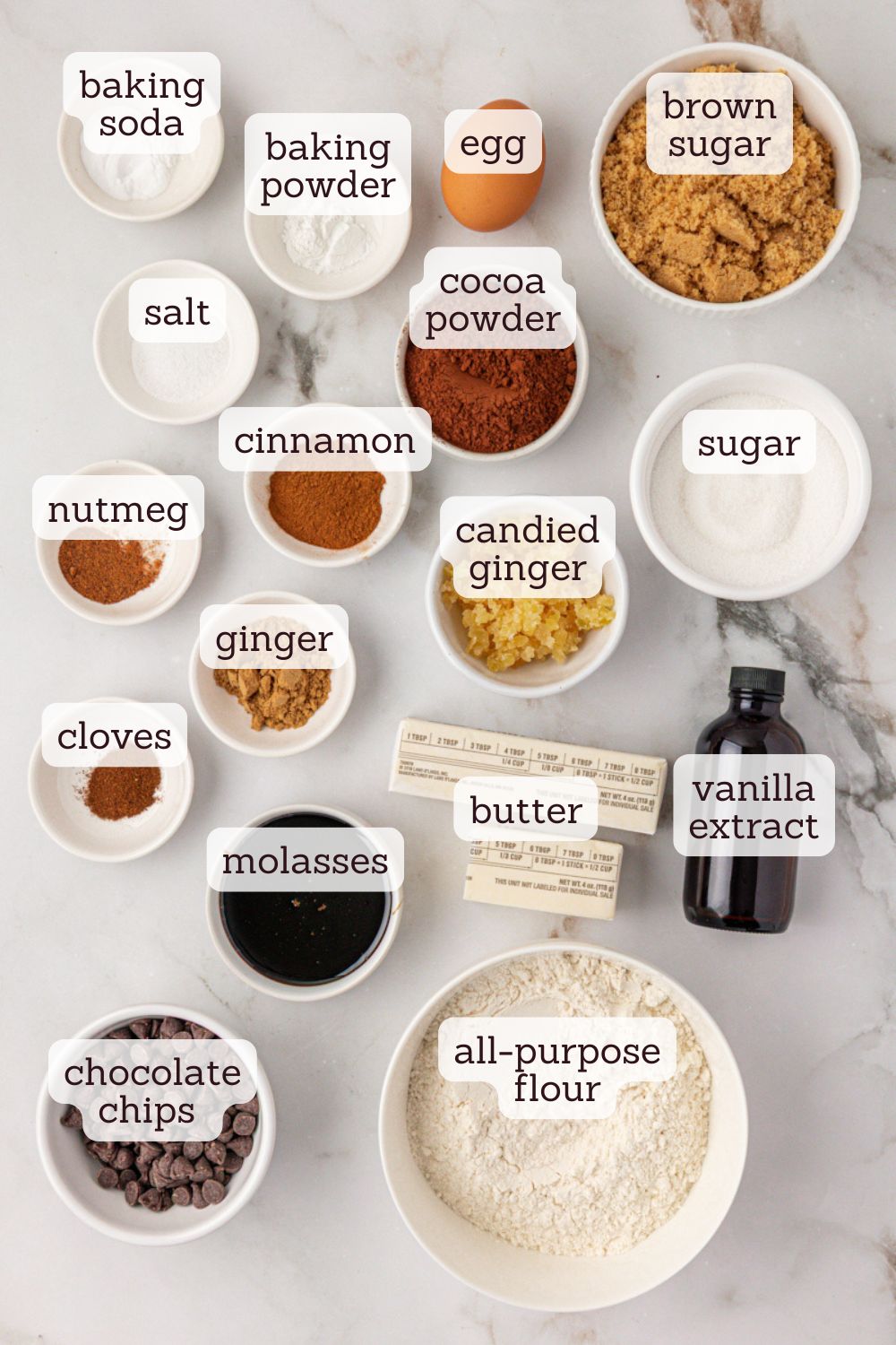 overhead view of ingredients for chocolate ginger cookies