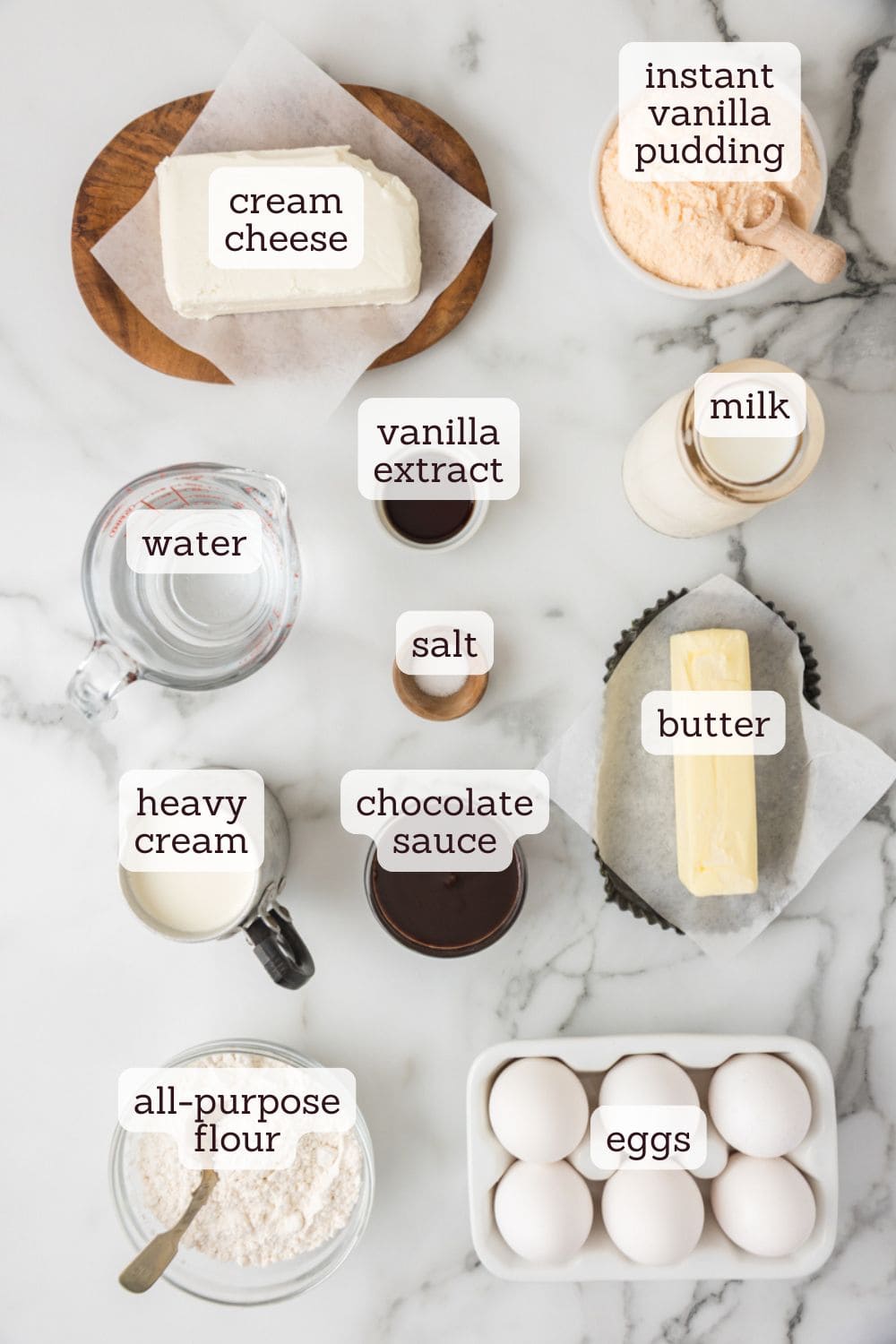 overhead view of ingredients for cream puff cake