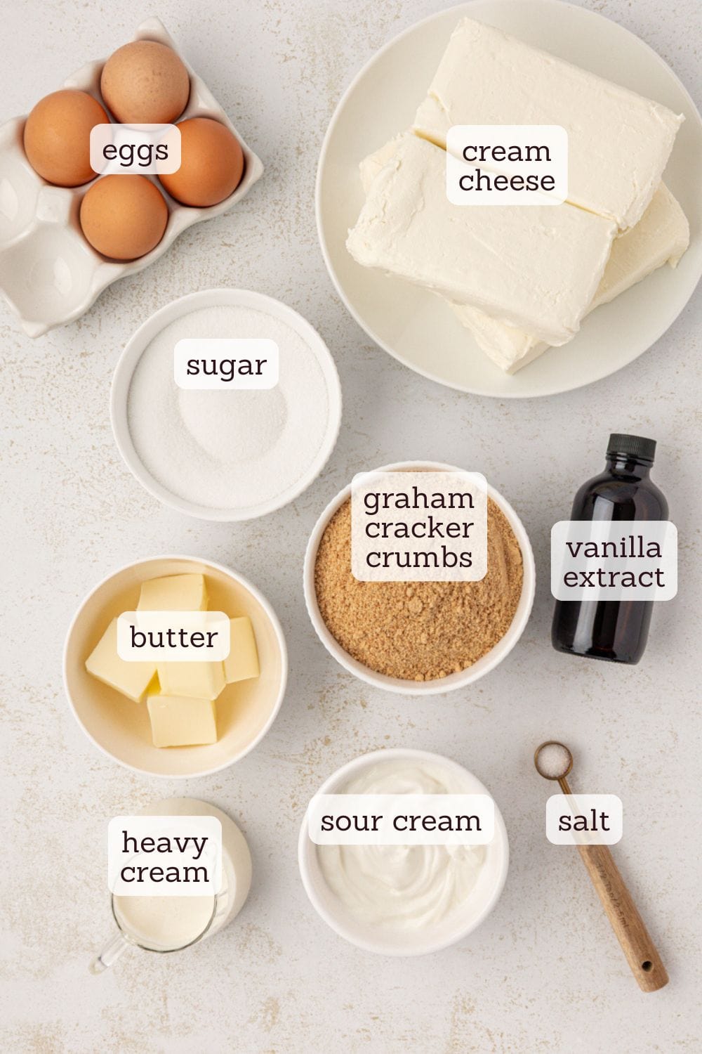 overhead view of ingredients for crème brûlée cheesecake
