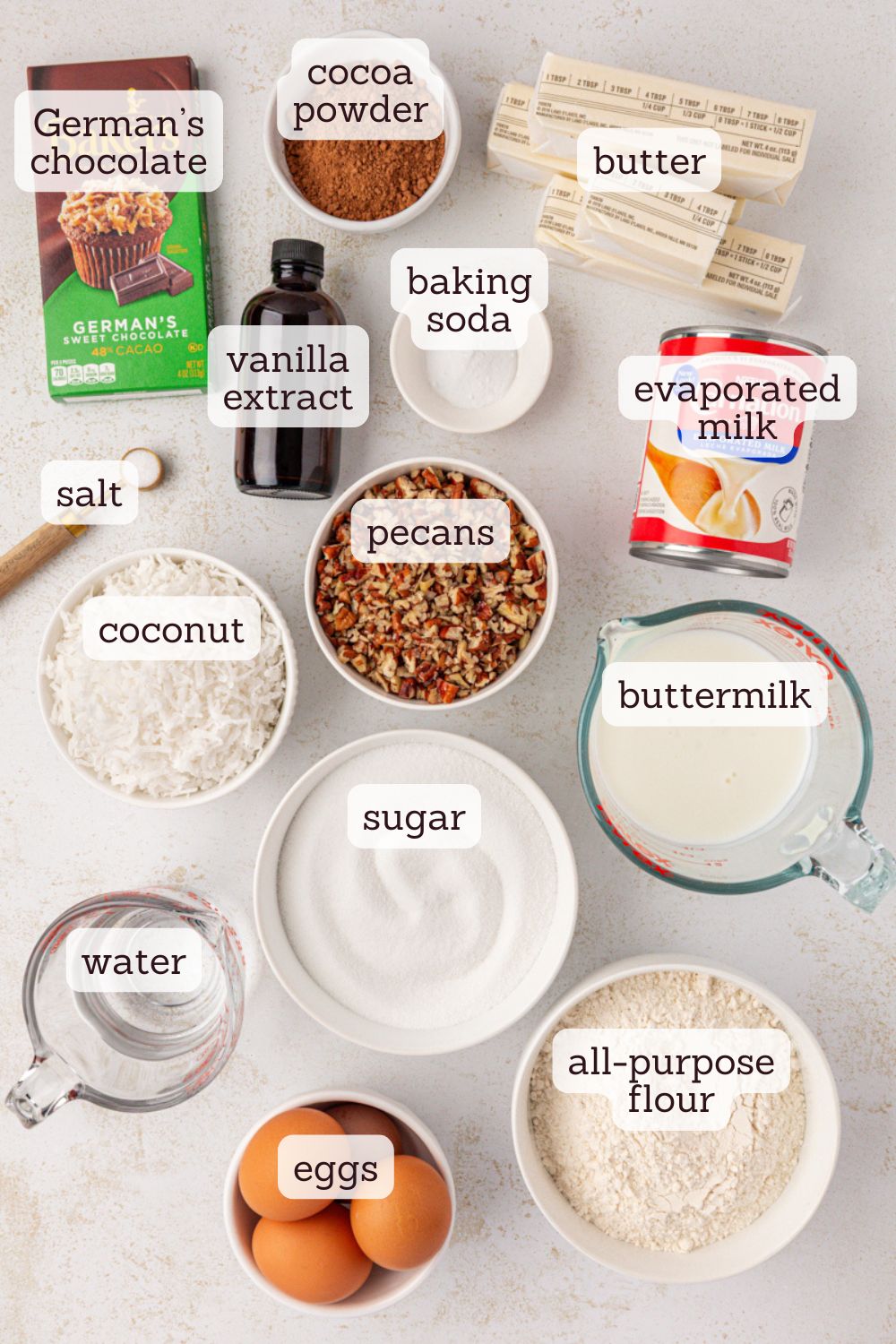 overhead view of ingredients for German chocolate cake