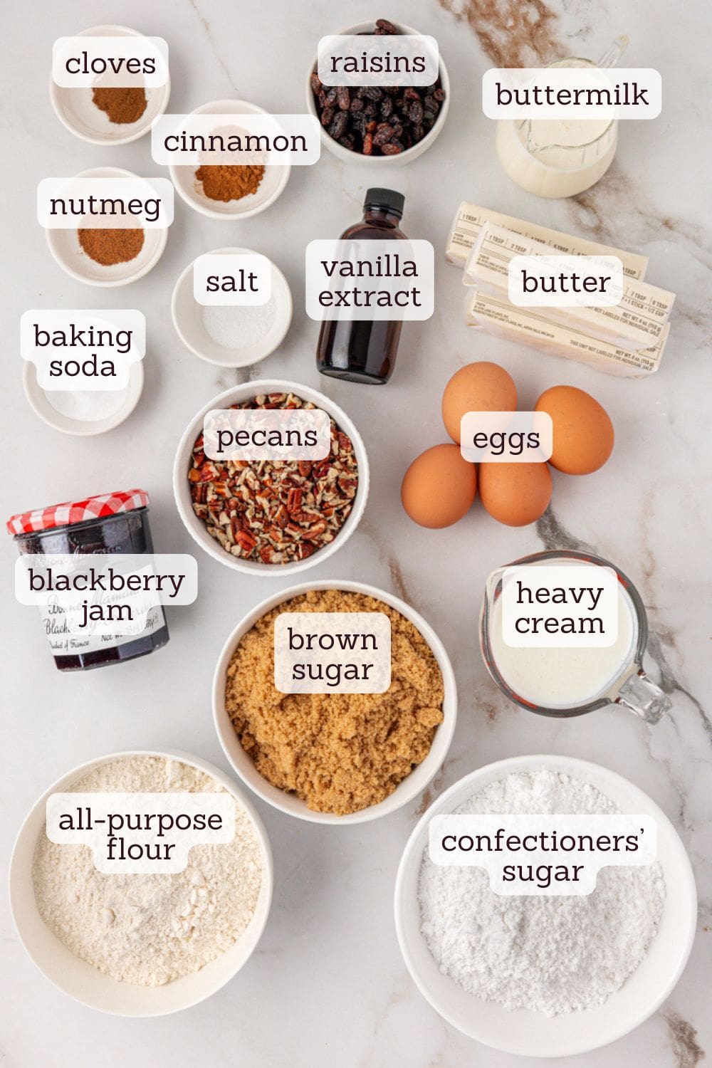 overhead view of ingredients for Kentucky jam cake