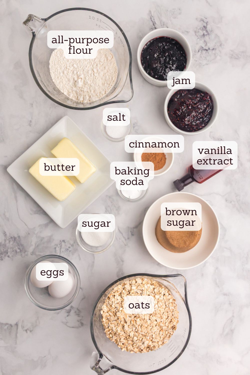 overhead view of ingredients for oatmeal thumbprint cookies