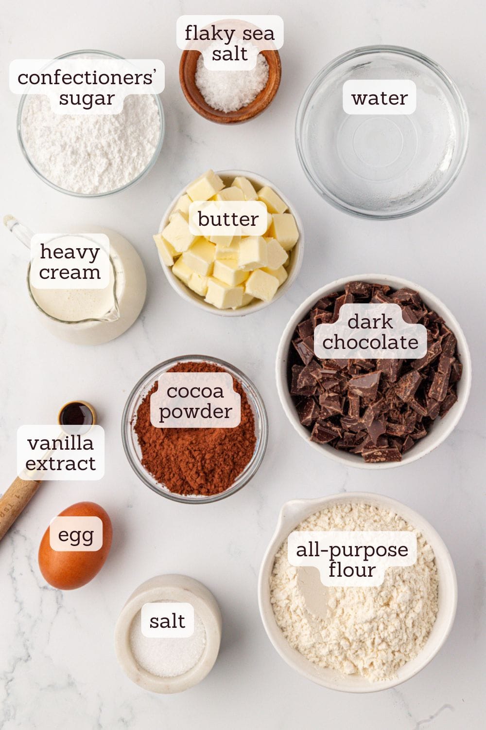 overhead view of ingredients for salted dark chocolate tart