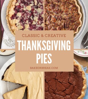 collage of four pie photos, including cranberry cheesecake pie, classic pecan pie, peanut butter pie, and chocolate chess pie; text overlay "classic & creative Thanksgiving pies bakeorbreak.com"