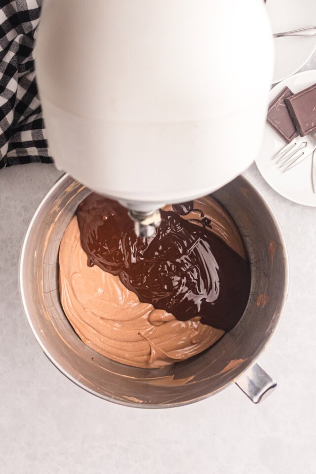 overhead view of melted chocolate added to cheesecake batter