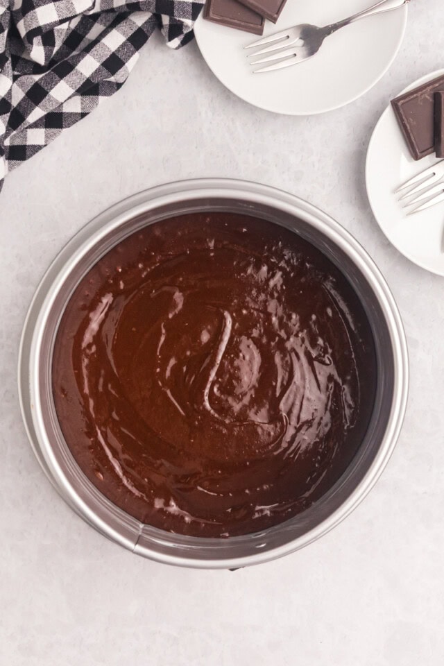 overhead view of brownie batter spread in the bottom of a springform pan