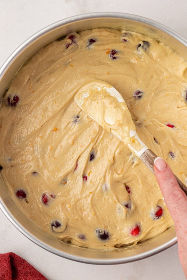 overhead view of cranberry coffee cake batter being spread in a springform pan