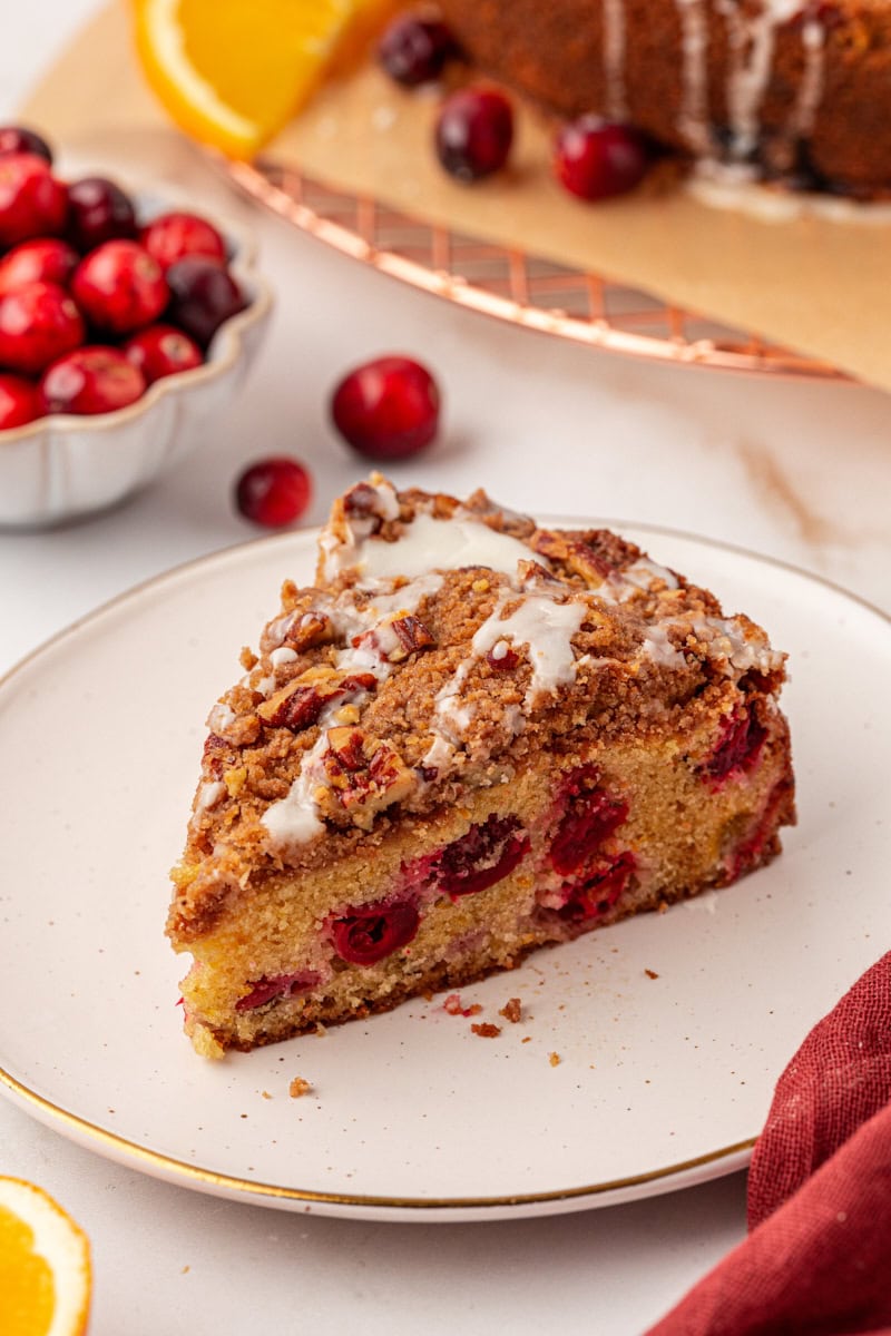 a slice of cranberry coffee cake on a white plate