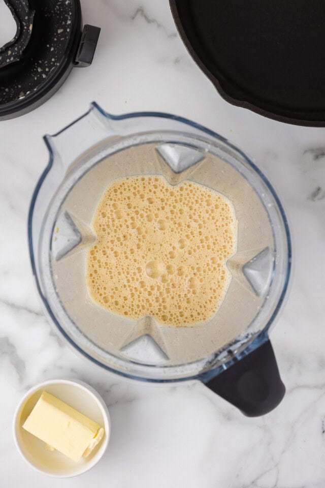 overhead view of Dutch baby pancake mixture in a blender