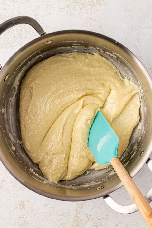 overhead view of snowflake crisp base mixture in a large saucepan