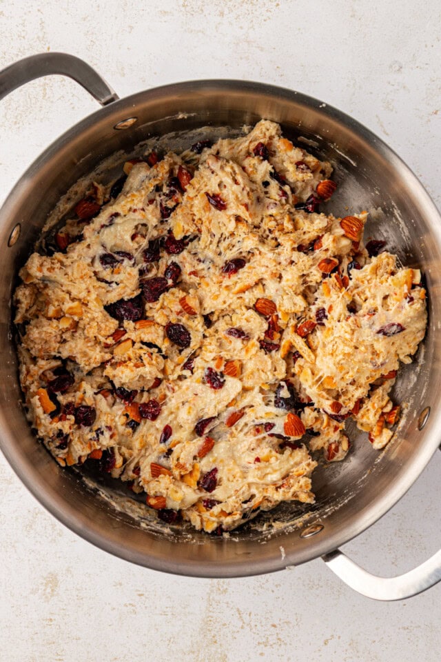 overhead view of snowflake crisp mixture in a large saucepan
