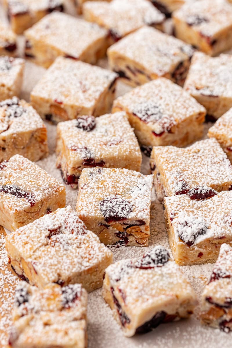 snowflake crisp pieces topped with powdered sugar