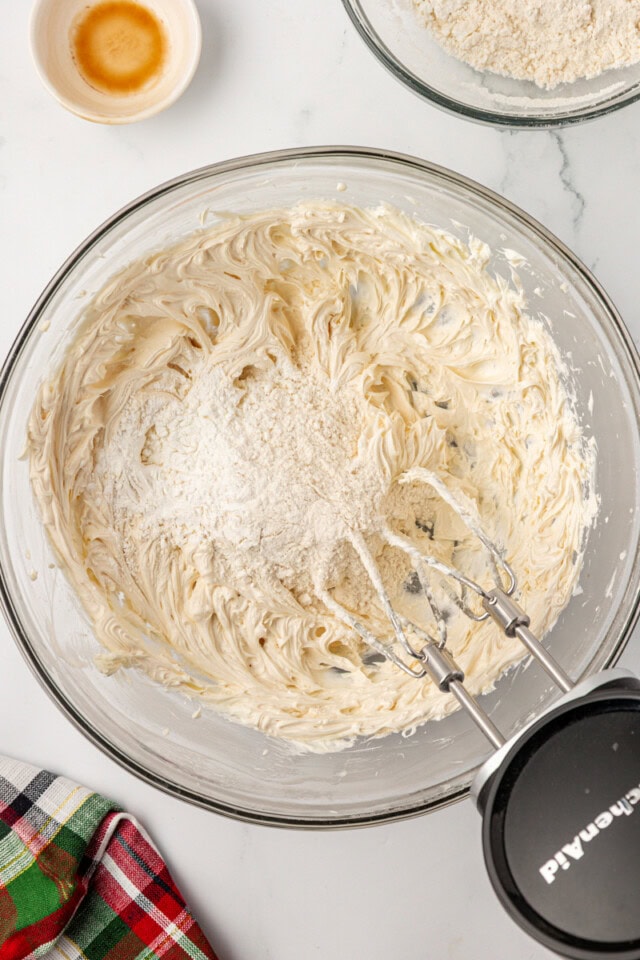 overhead view of dry ingredients added to wet ingredients for shortbread