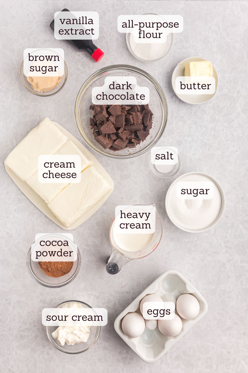 overhead view of ingredients for brownie bottom chocolate cheesecake
