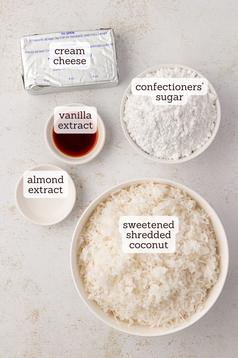 overhead view of ingredients for coconut snowballs