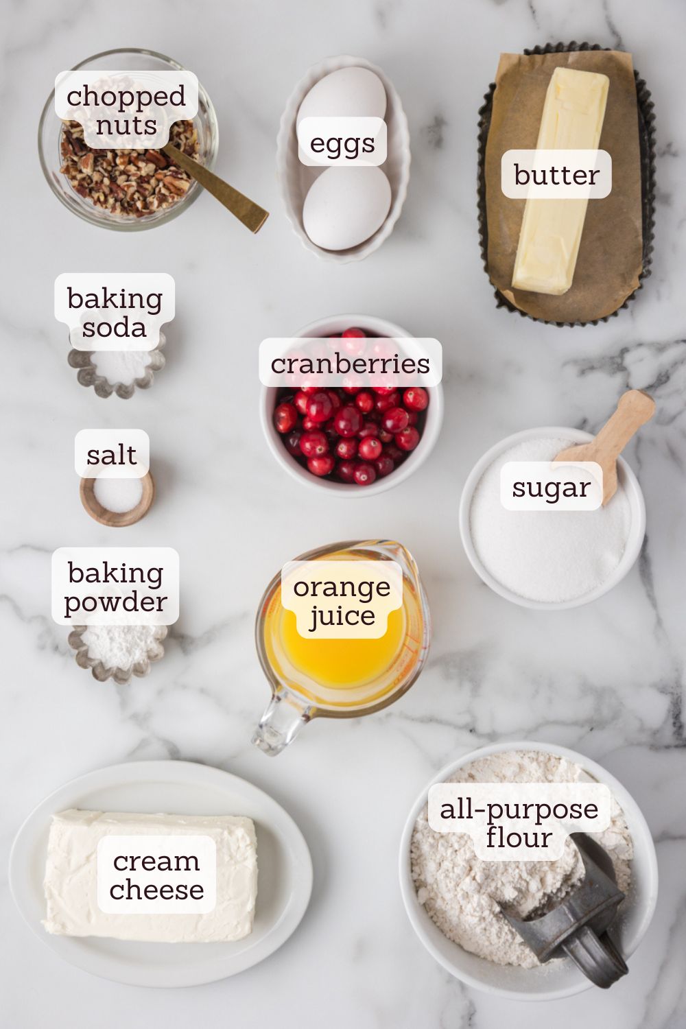 overhead view of ingredients for cranberry cream cheese bread
