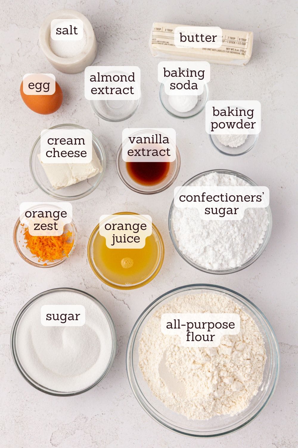 overhead view of ingredients for glazed orange cookies