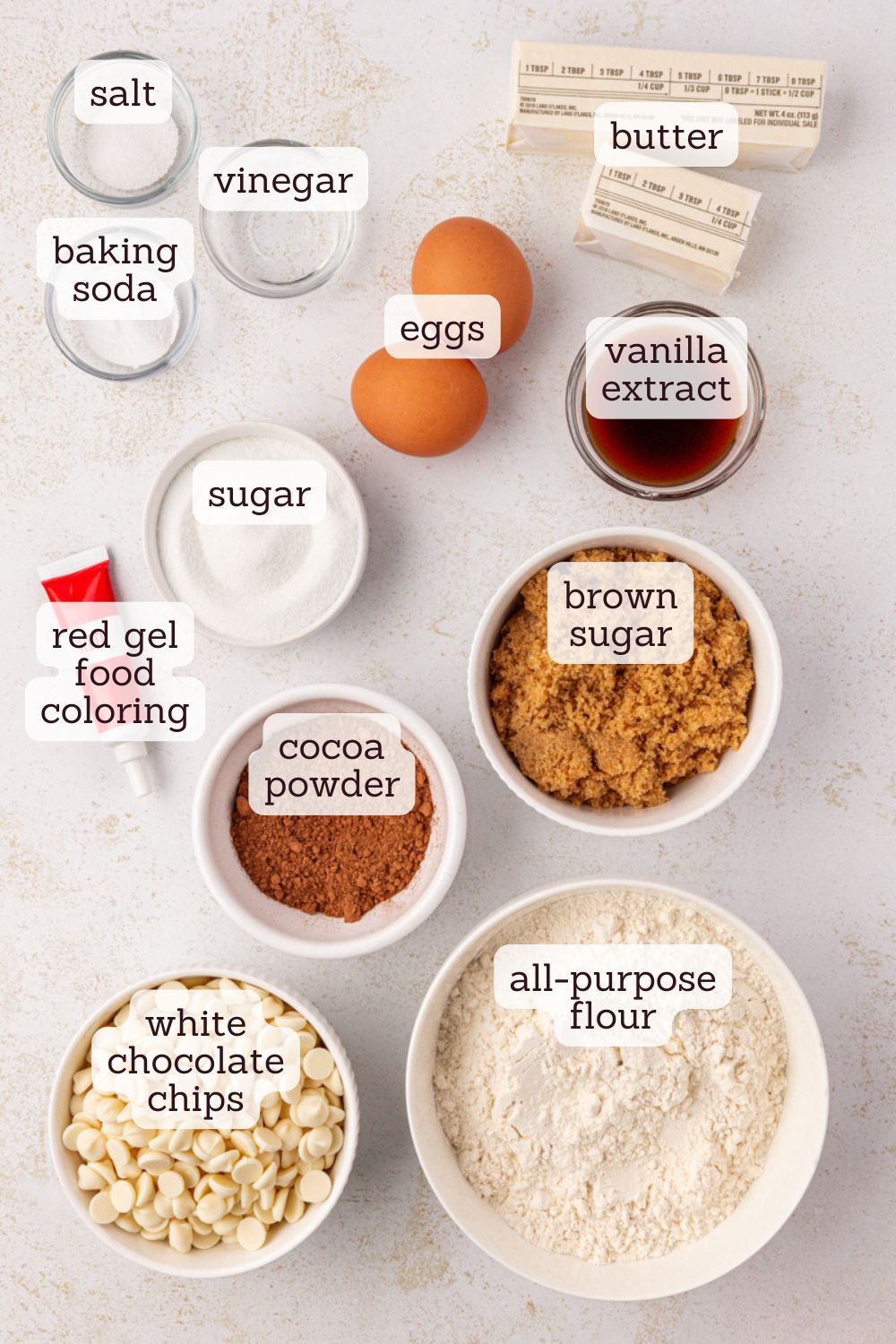 overhead view of ingredients for red velvet cookies