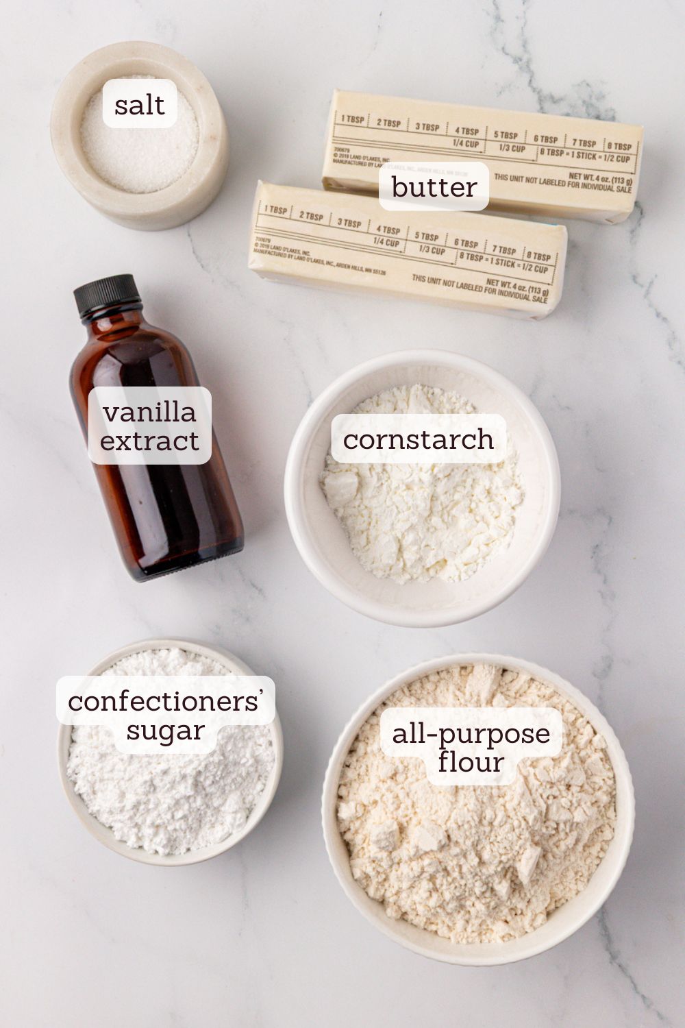 overhead view of ingredients for whipped shortbread cookies