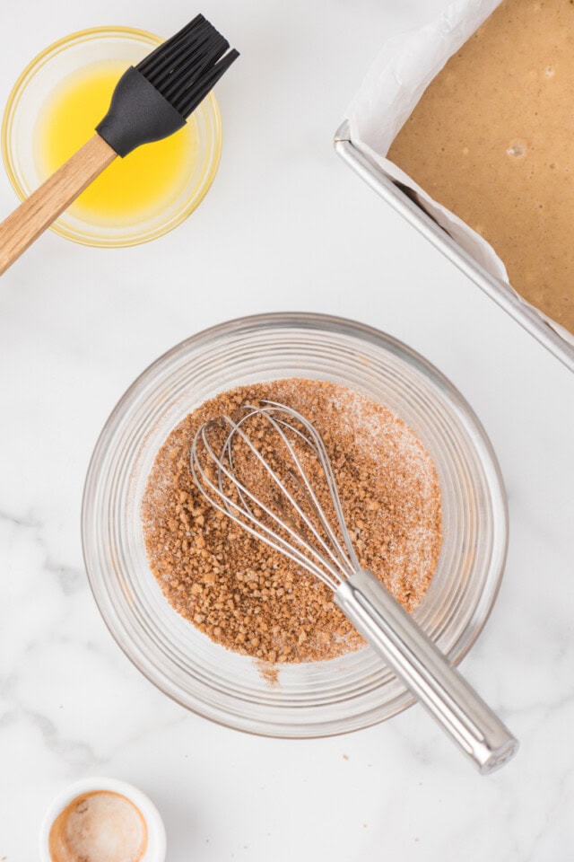 overhead view of cinnamon sugar in a small glass bowl