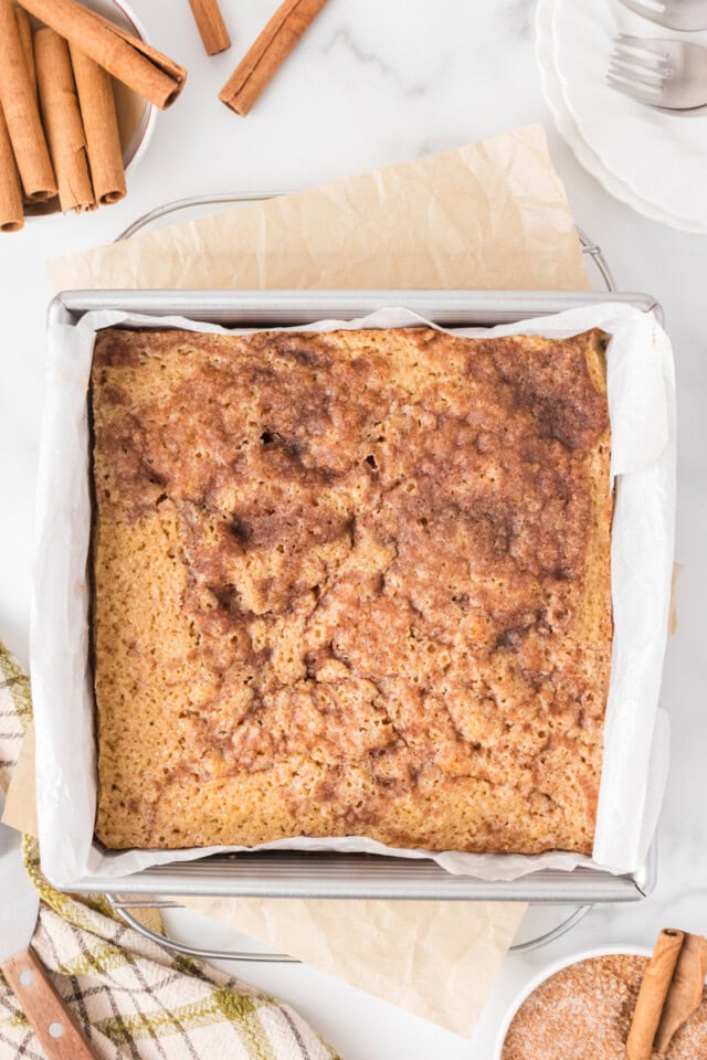 overhead view of freshly baked cinnamon sugar snack cake in a square baking pan