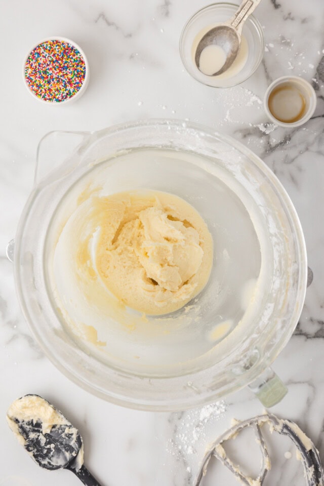 overhead view of vanilla buttercream in a mixing bowl