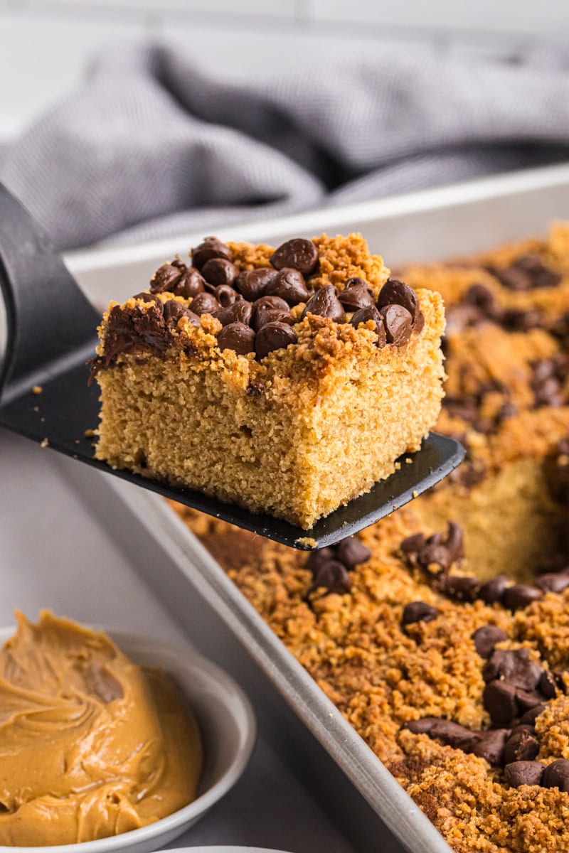 a slice of peanut butter chocolate chip cake on a cake server with the remaining cake in the background