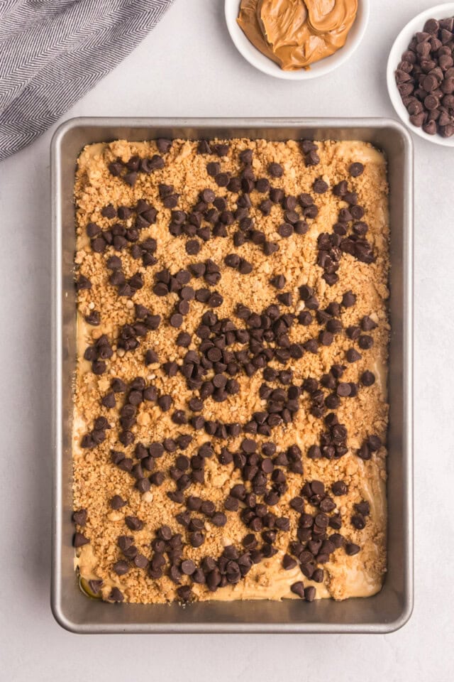 overhead view of peanut butter chocolate chip cake in a 9x13 pan ready to go into the oven