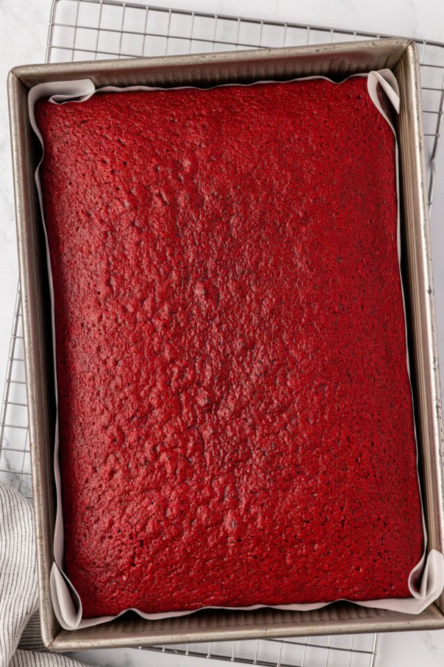 overhead view of freshly baked red velvet sheet cake in a 9x13 pan