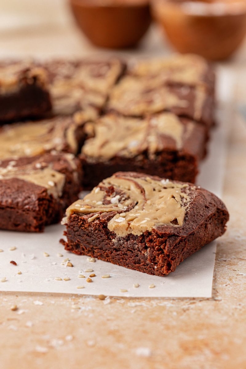 tahini brownies on parchment paper