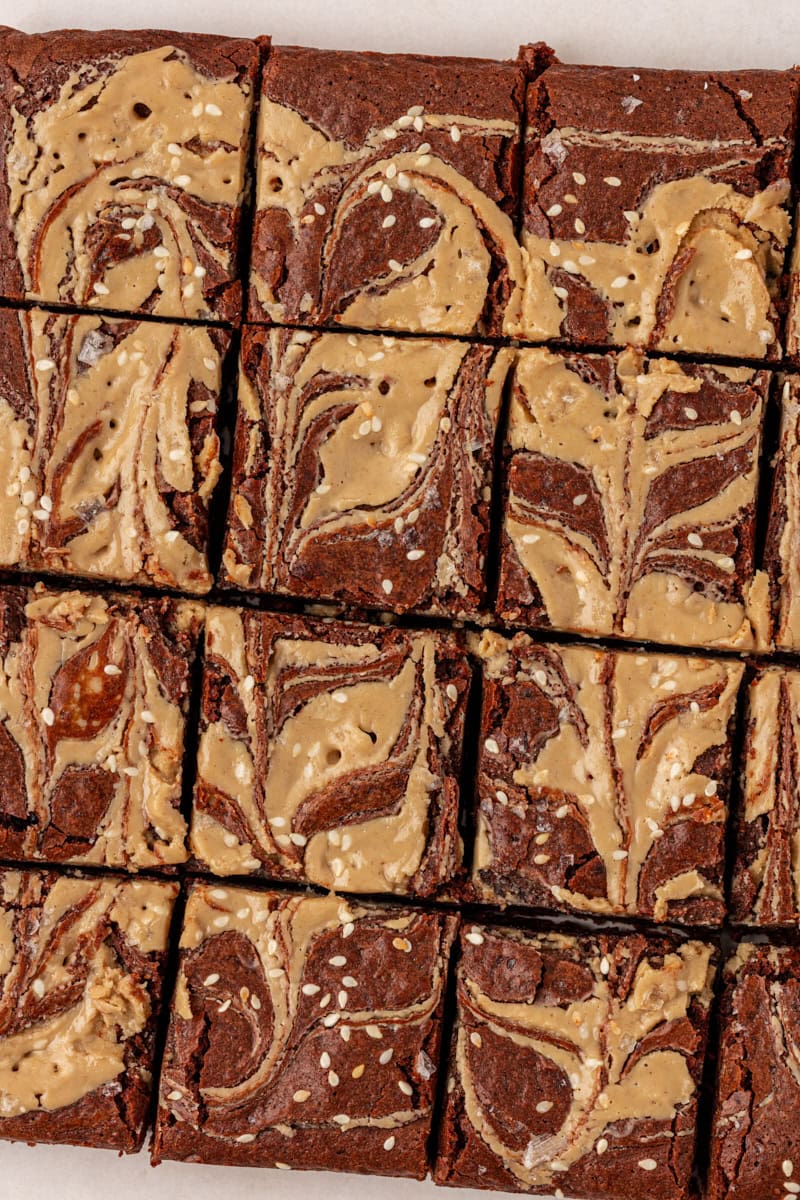 overhead closeup view of sliced tahini brownies
