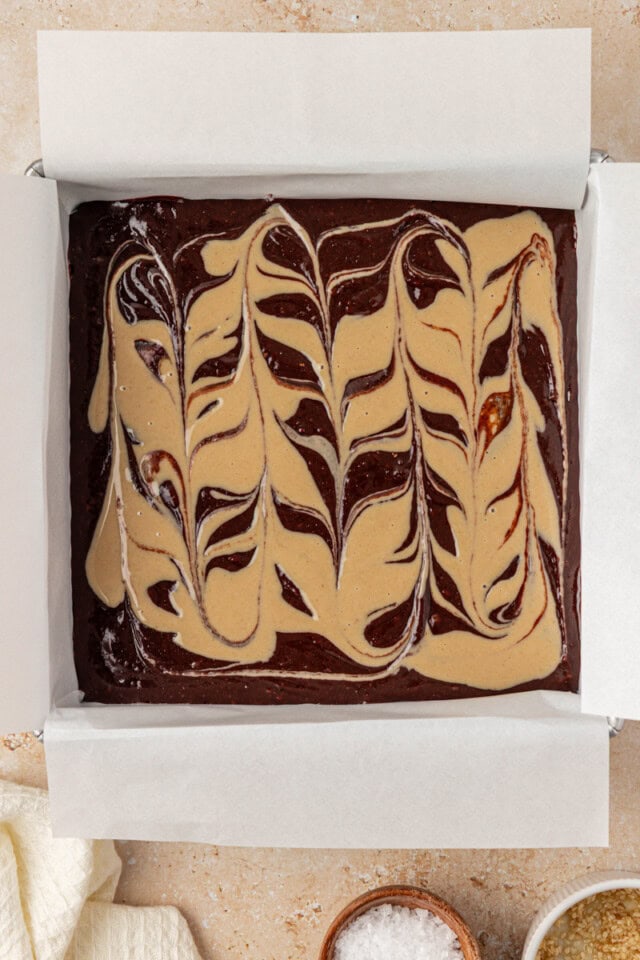 overhead view of tahini brownies ready to go into the oven