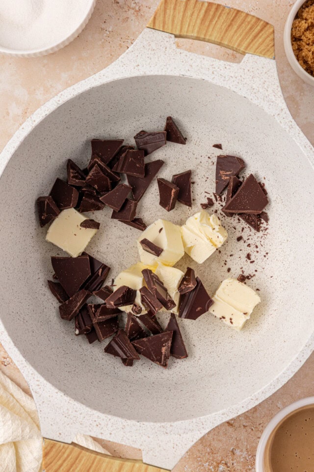 overhead view of chopped chocolate and butter in a saucepan