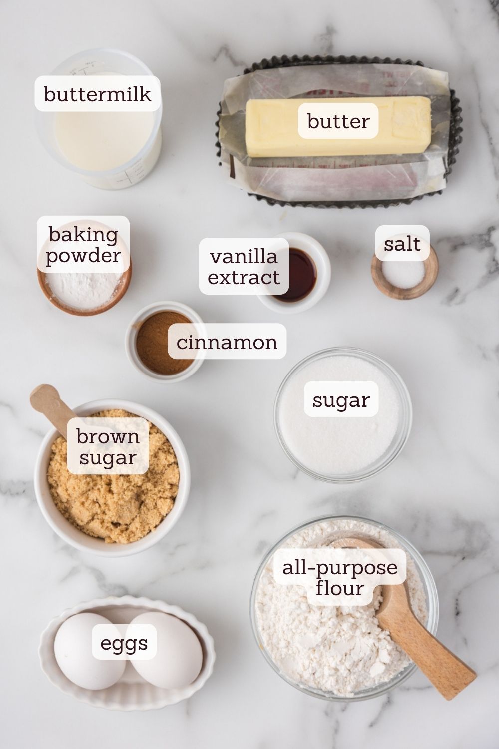 overhead view of ingredients for cinnamon sugar snack cake