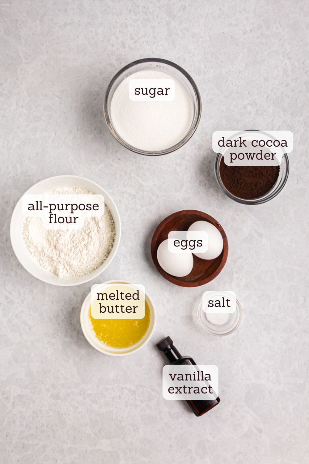 overhead view of ingredients for dark cocoa brownies