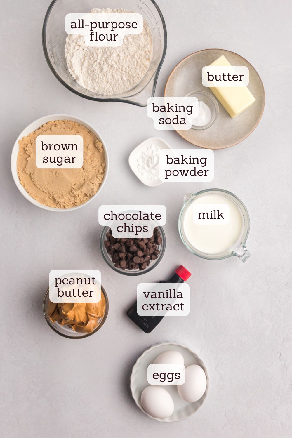 overhead view of ingredients for peanut butter chocolate chip cake