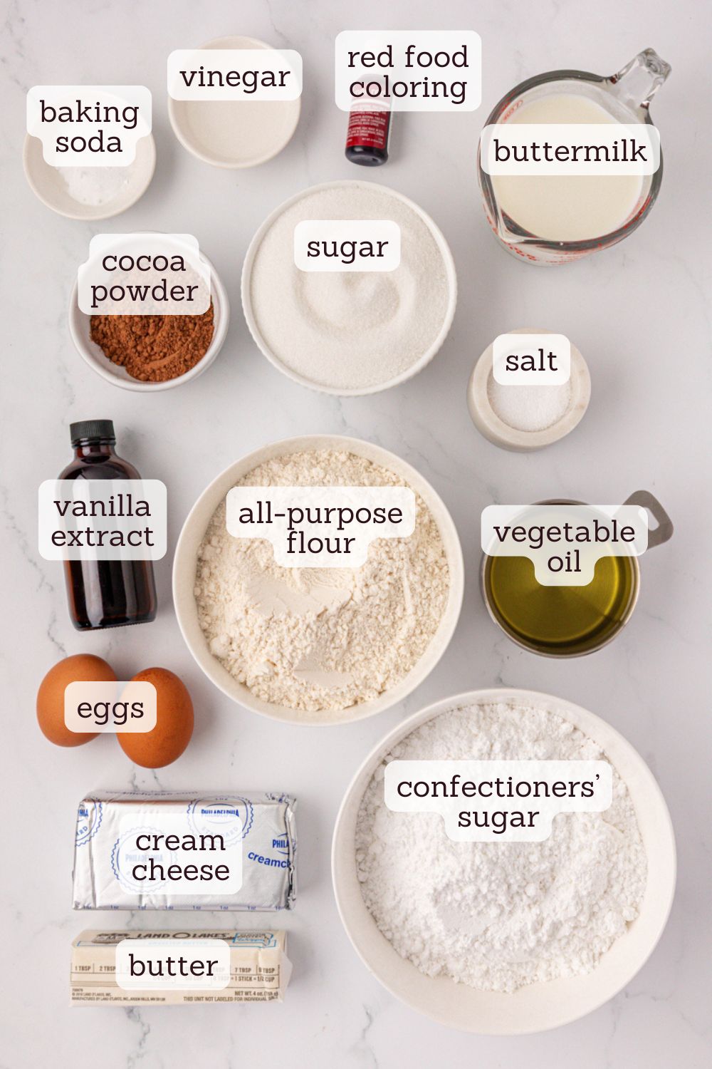 overhead view of ingredients for red velvet sheet cake