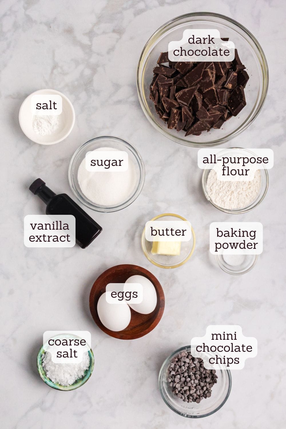 overhead view of ingredients for salted chocolate truffle cookies