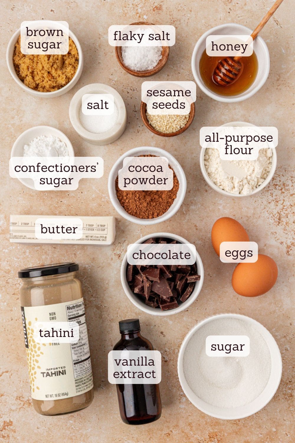 overhead view of ingredients for tahini brownies