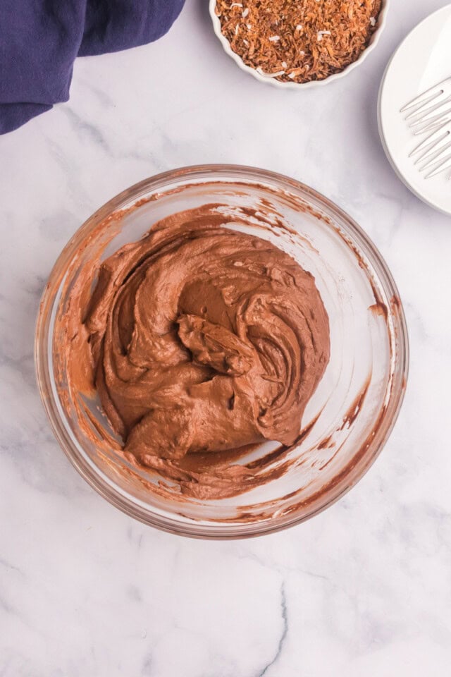 overhead view of chocolate mousse pie filling in a mixing bowl
