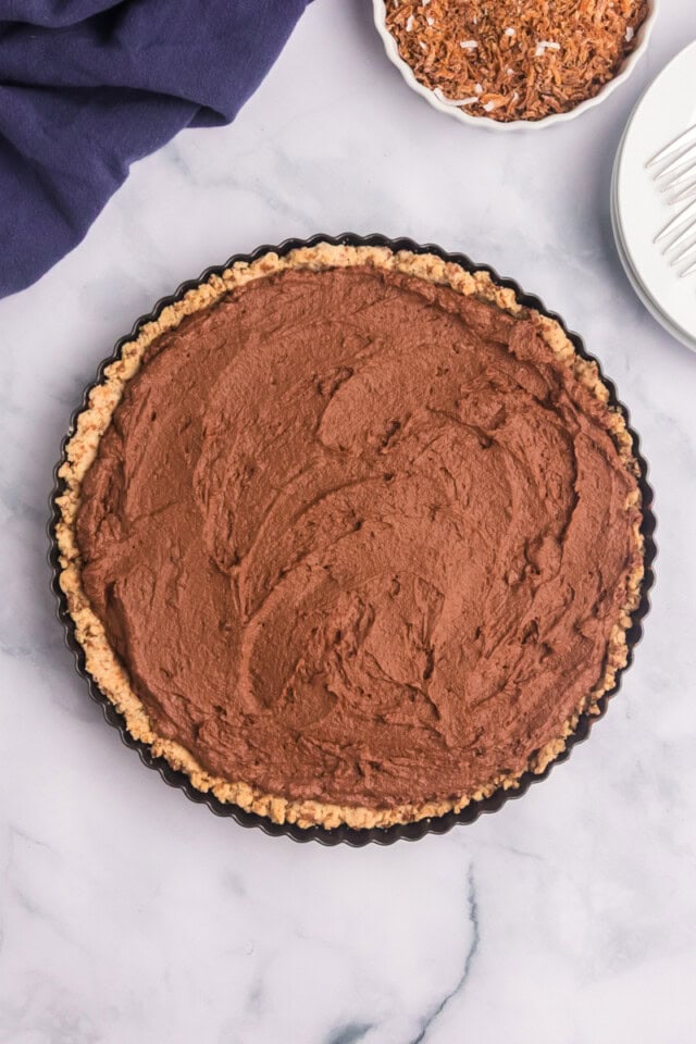 overhead view of chocolate mousse pie ready to be chilled