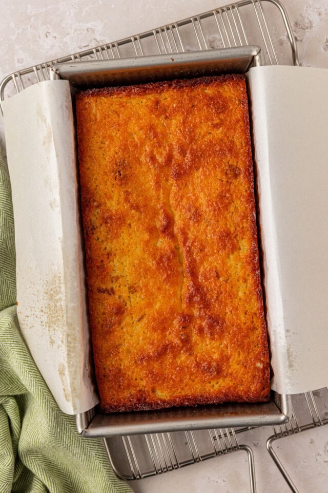 freshly baked coconut lime loaf cake in a loaf pan