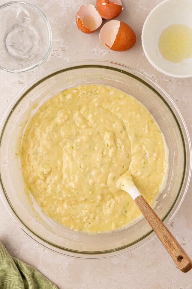 coconut lime loaf cake batter in a mixing bowl