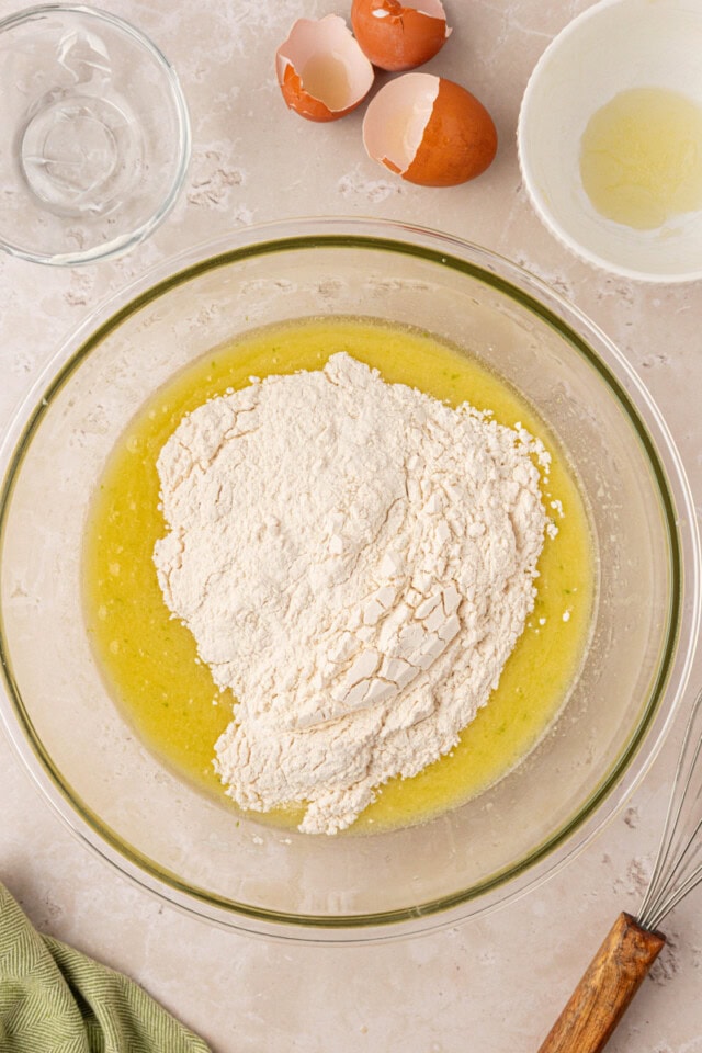 dry ingredients added to wet ingredients for coconut lime cake