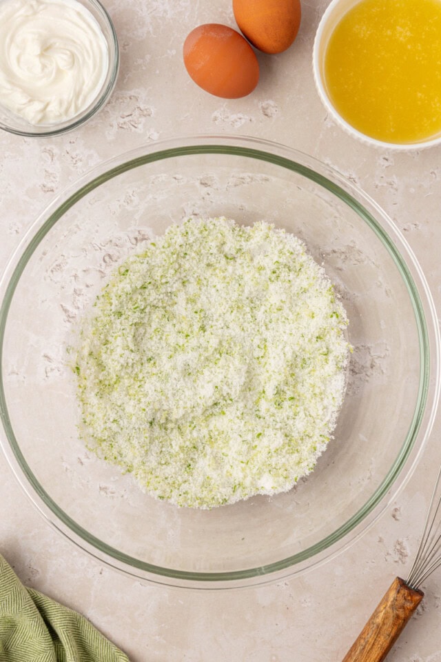 lime zest rubbed into sugar for coconut lime loaf cake