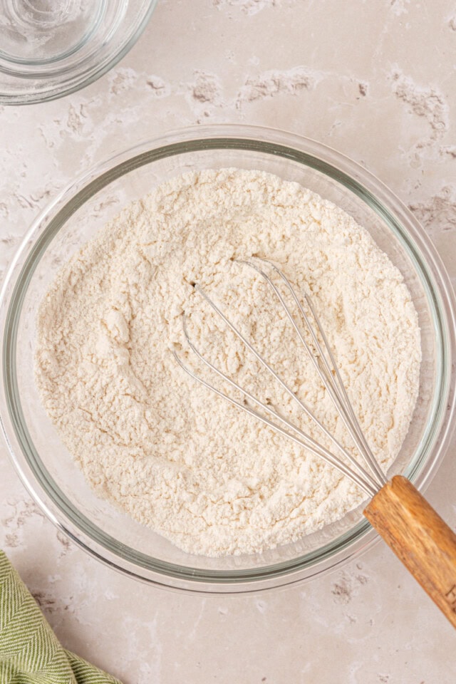 flour, baking powder, baking soda, and salt whisked together in a mixing bowl