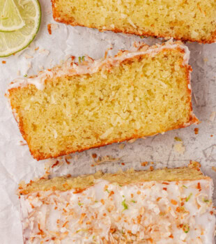 coconut lime loaf cake sliced to show soft texture